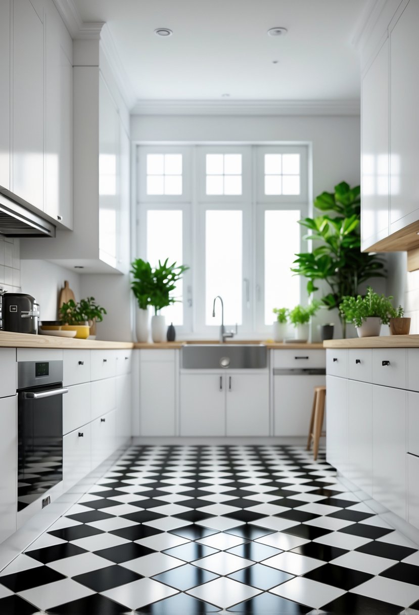 A bright kitchen with black and white checkerboard floor tiles, white cabinets, stainless steel appliances, and a wooden countertop island with plants.