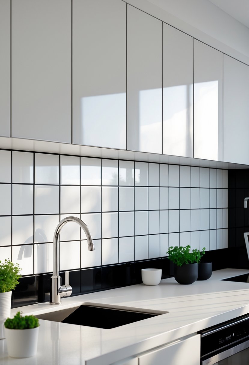 A modern kitchen with white subway tile backsplash featuring black grout, black countertops, and white cabinets illuminated by natural light.