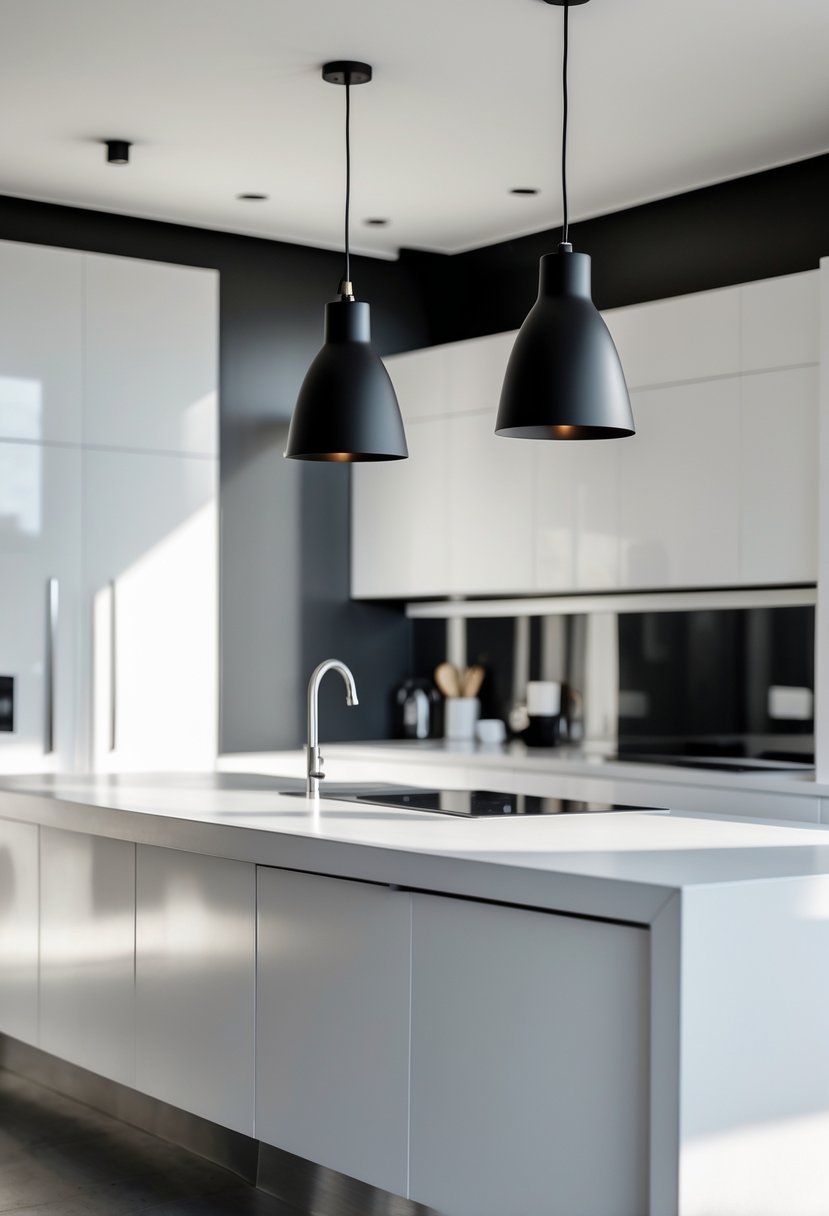 A modern kitchen with a white island and black pendant lights hanging above it.