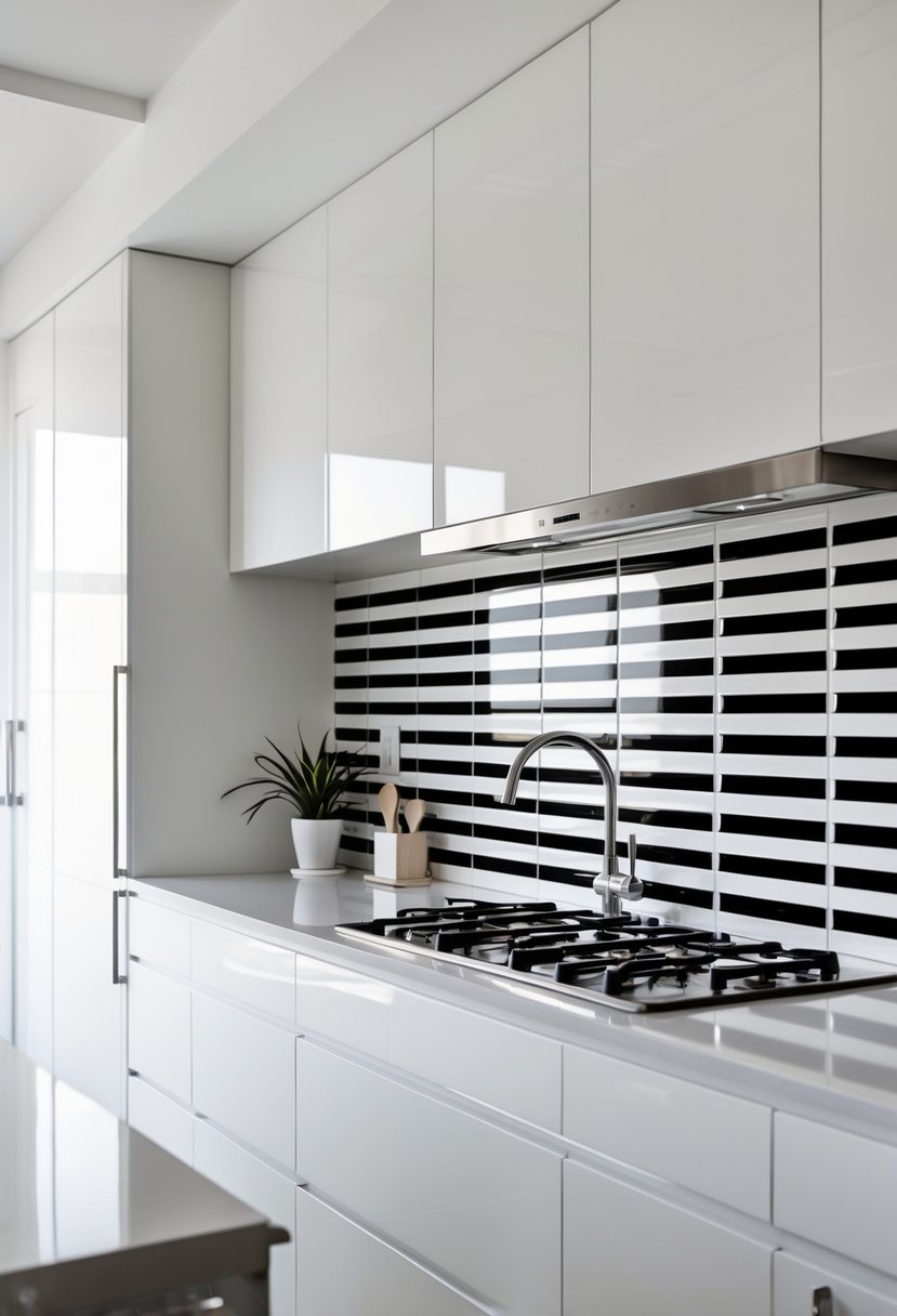 A modern kitchen with a black and white striped tile backsplash, white cabinets, and a clean countertop with kitchen utensils and a small plant.