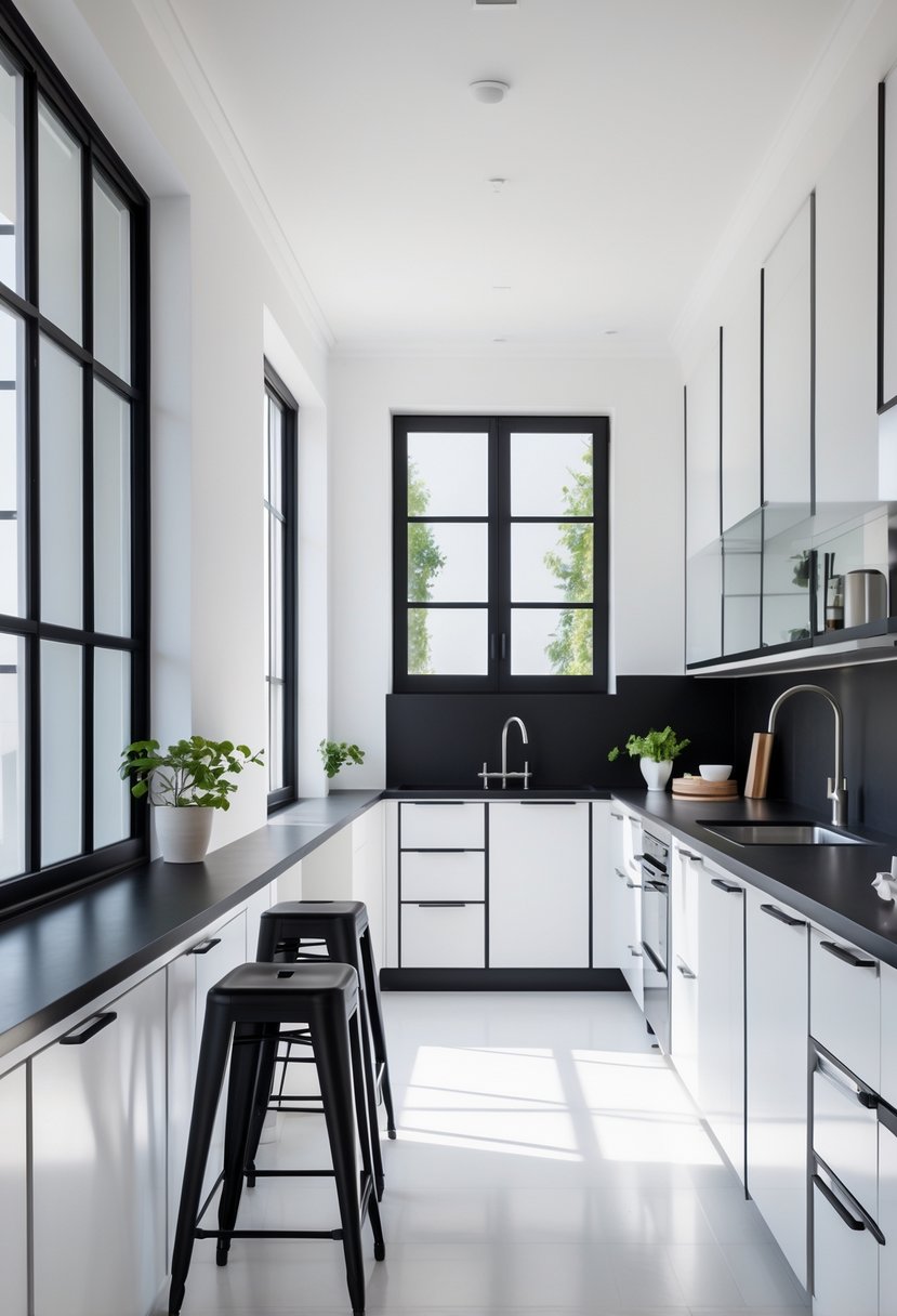 A bright kitchen with white walls and black trim, featuring cabinets, countertops, and furniture in black and white tones.