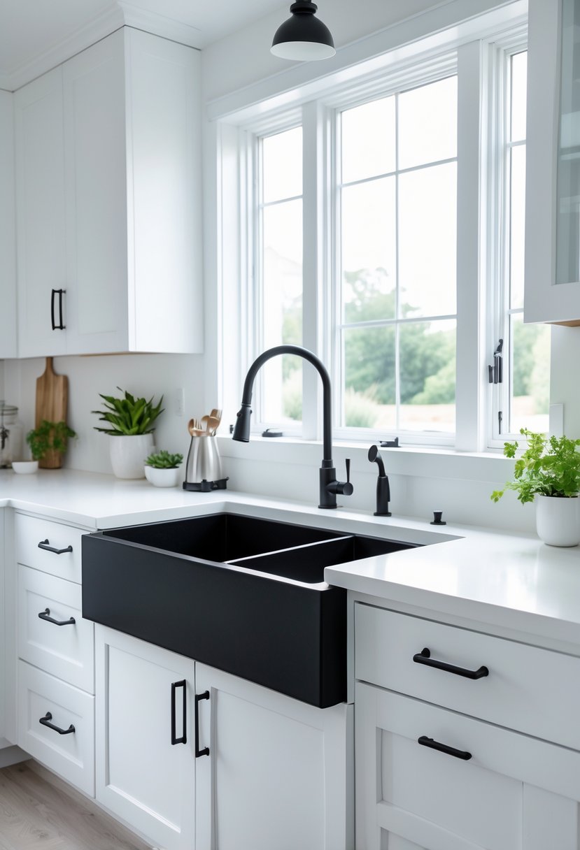 A kitchen with a black farmhouse sink featuring a white apron front, white countertops, and natural light coming through a window.