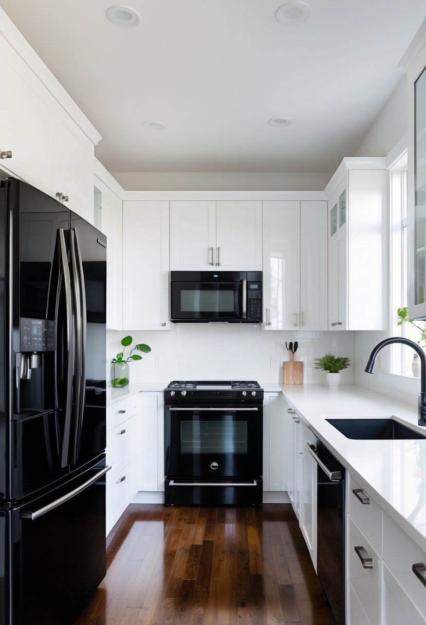 A modern kitchen with glossy black appliances and white cabinets illuminated by natural light.