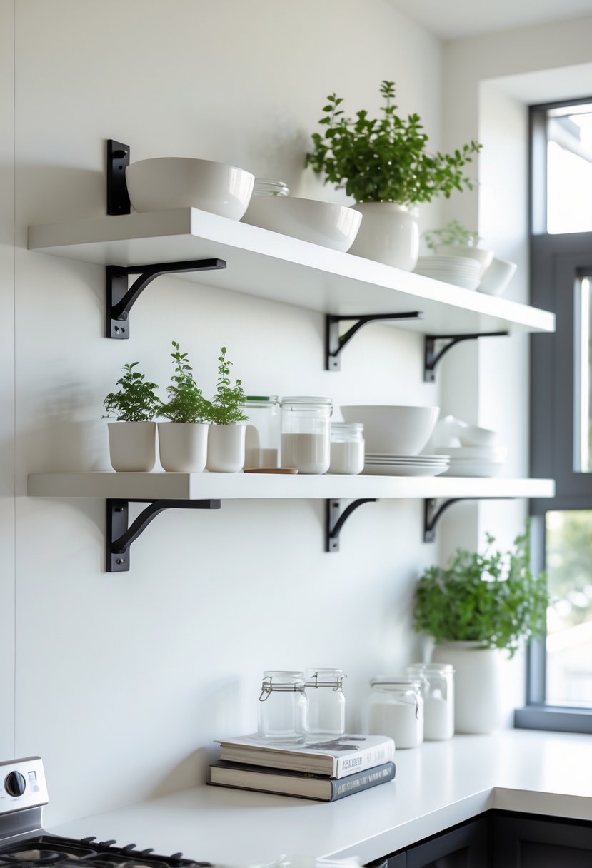 A kitchen wall with white floating shelves supported by black brackets holding kitchenware and plants.