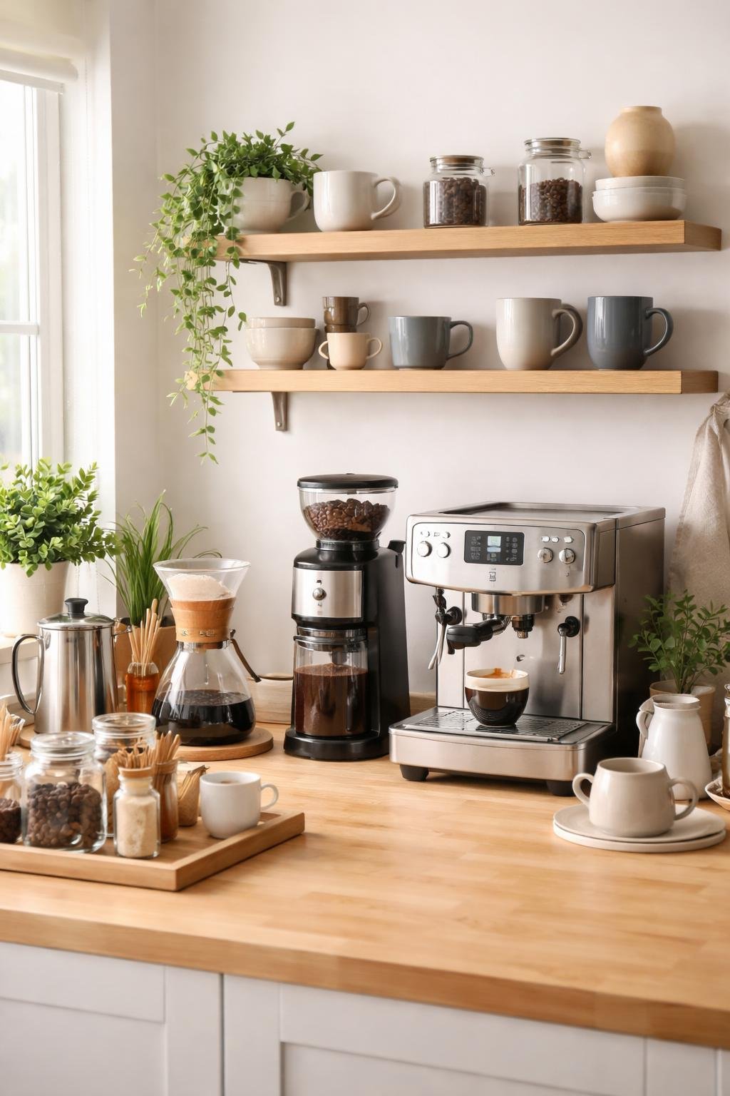 A well-organized home coffee bar with coffee machines, jars of coffee beans, mugs on shelves, and small plants on a wooden countertop in a bright kitchen.