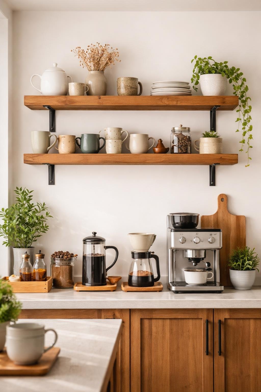 A home coffee bar with floating wooden shelves holding mugs and coffee accessories.
