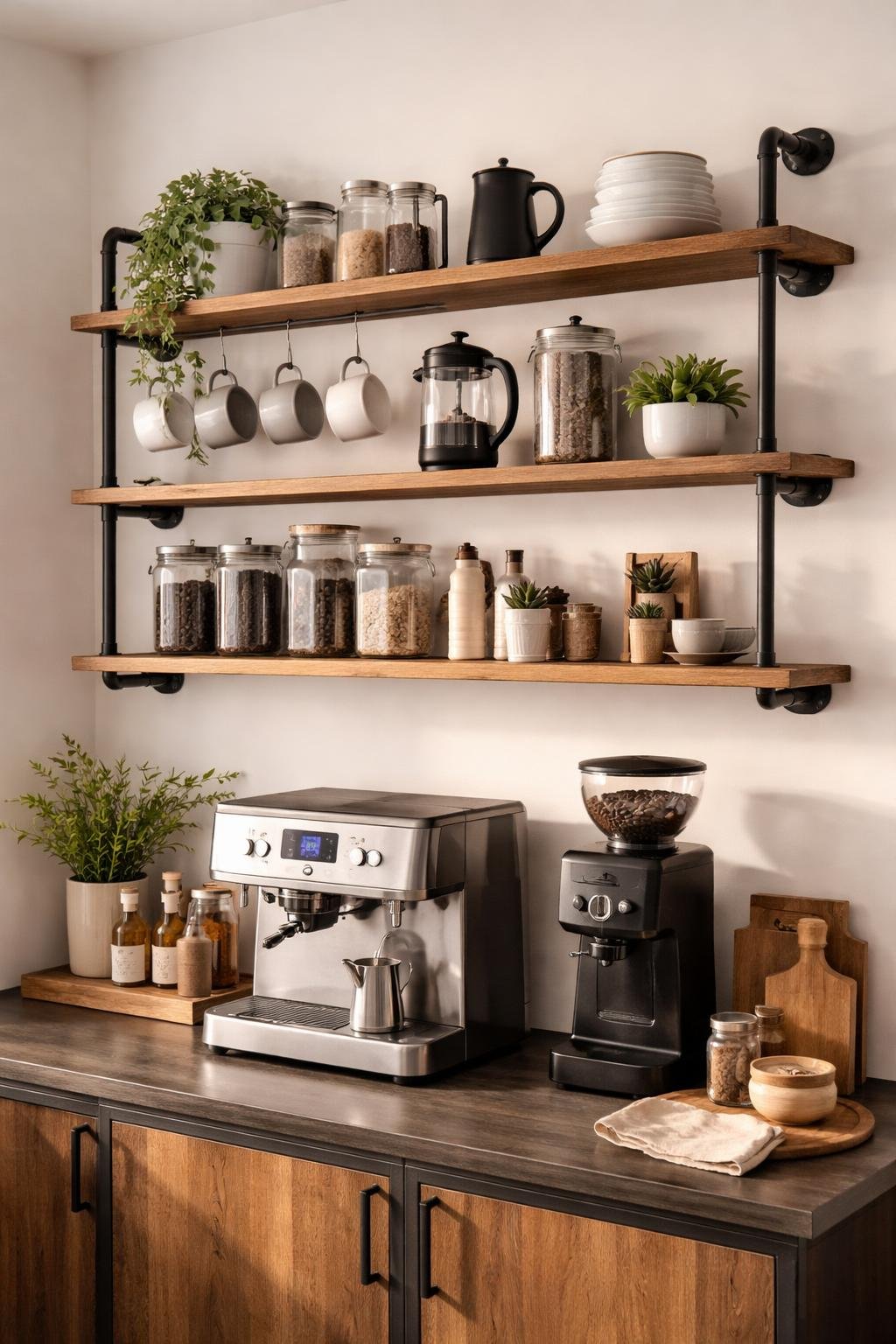 A home coffee bar with industrial pipe shelves holding mugs, coffee jars, plants, and a countertop with an espresso machine and grinder.