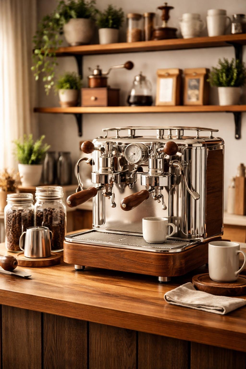A vintage espresso machine on a wooden countertop surrounded by coffee accessories and a neatly organized shelf in a home coffee bar.