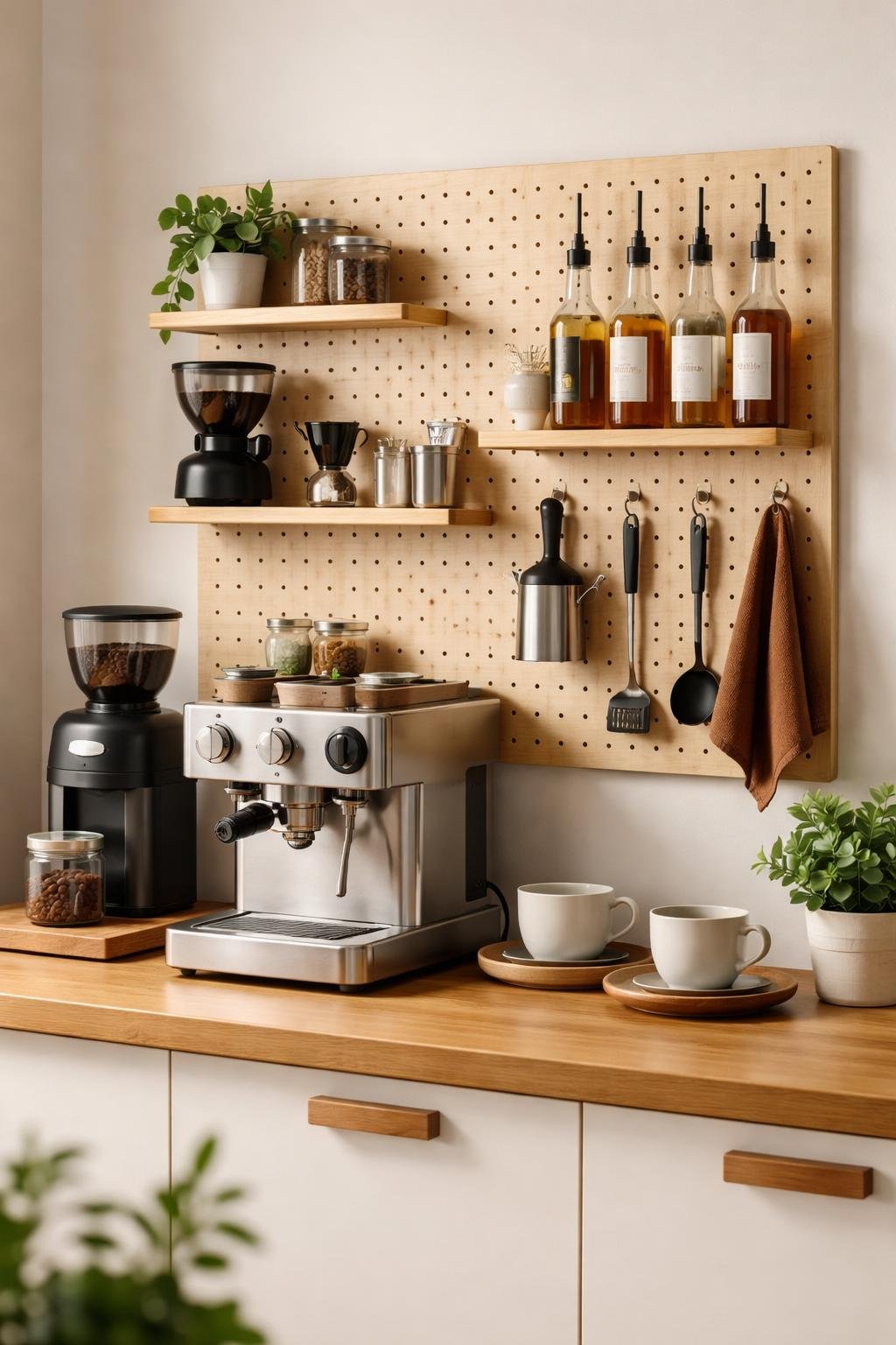 A home coffee bar with a pegboard wall organizer holding coffee tools and syrup bottles above a wooden countertop with an espresso machine and cups.