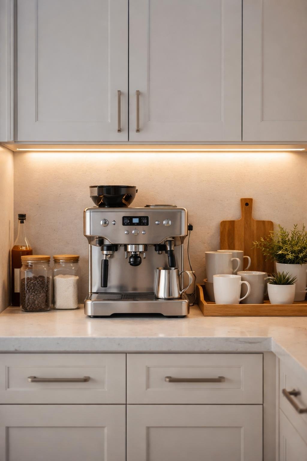 A home coffee bar with under-cabinet LED strip lighting, coffee machine, mugs, jars, and plants on the countertop.