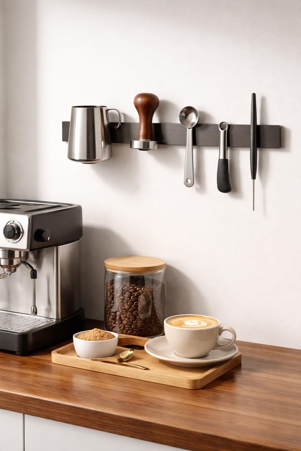 A kitchen coffee bar with a magnetic strip holding coffee tools above a wooden countertop with an espresso machine and coffee cup.