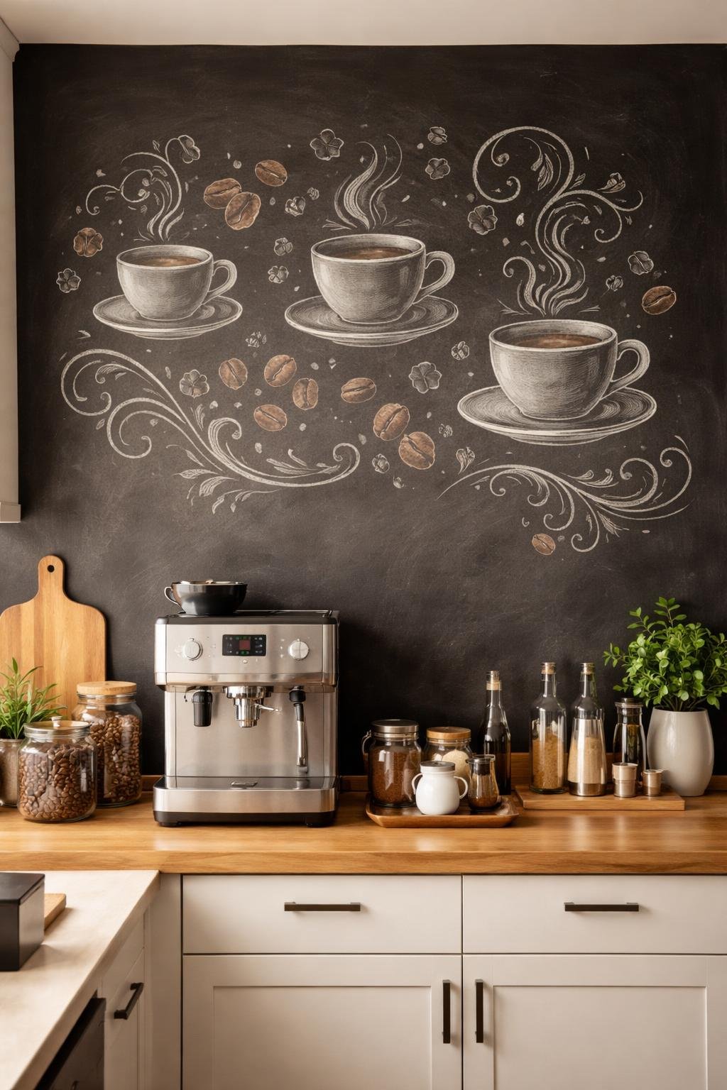 A home coffee bar with a chalkboard wall decorated with coffee-themed drawings, a countertop with an espresso machine, mugs, and coffee accessories.