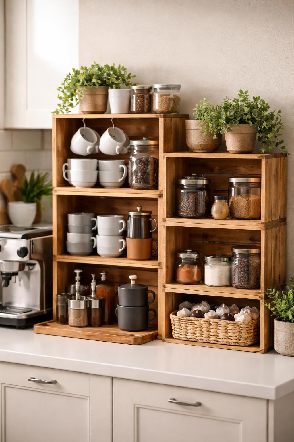A home coffee bar area with wooden wine crate storage boxes holding coffee mugs, jars, and coffee accessories on a kitchen countertop.