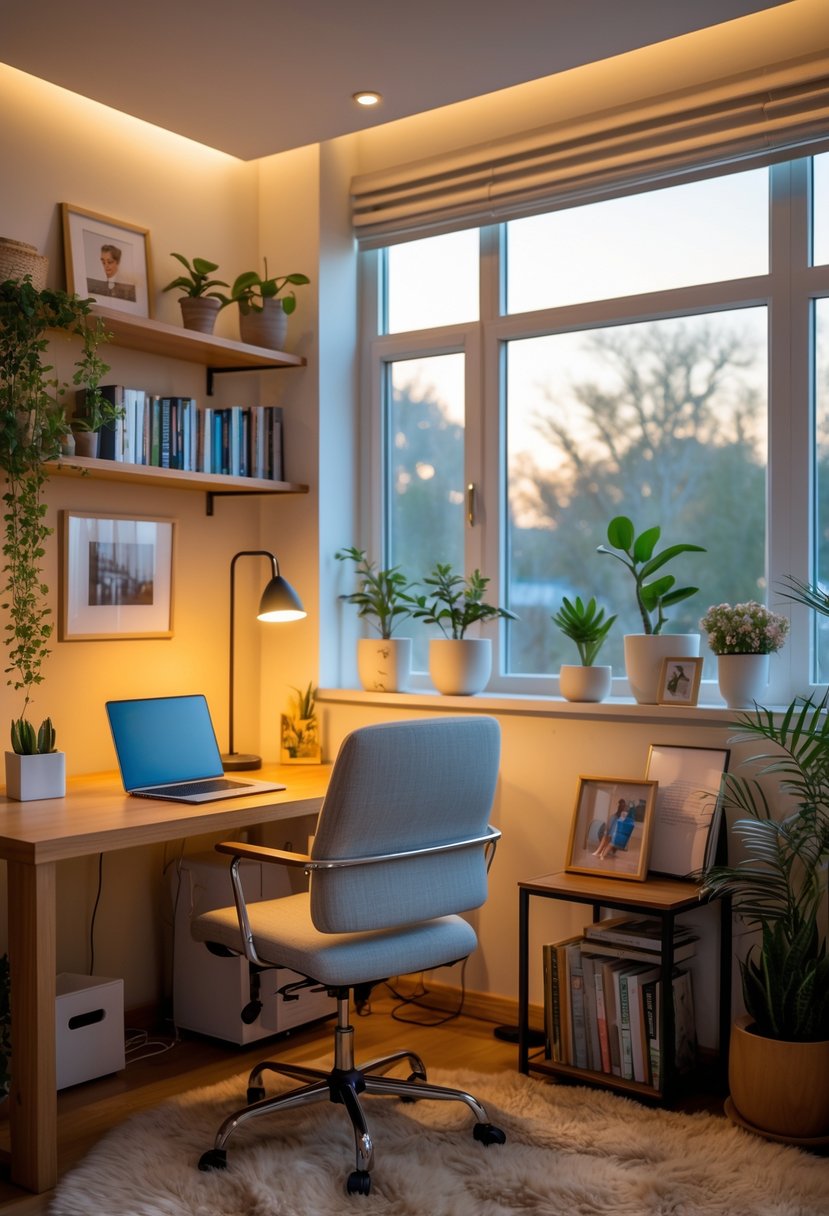A cozy home office with a wooden desk, laptop, comfortable chair, plants, books, and natural light from large windows.
