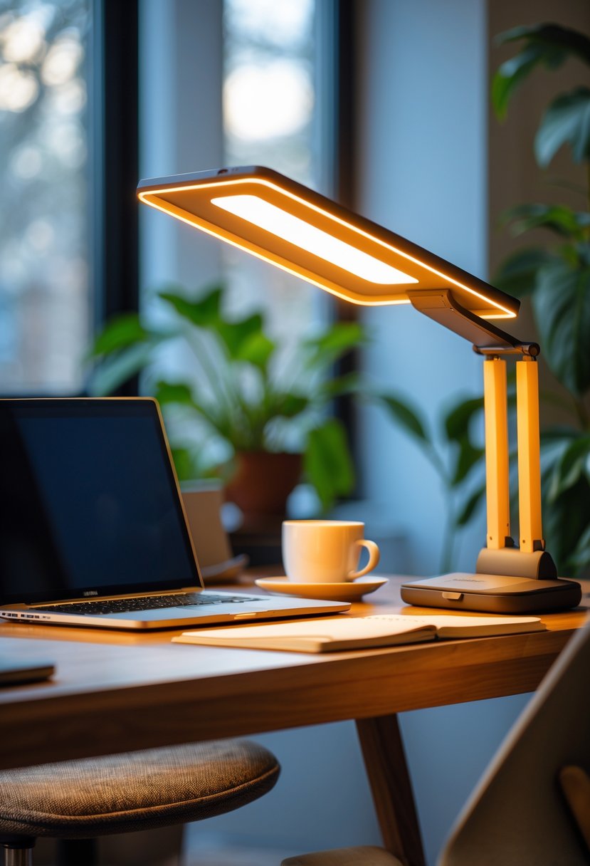 A cozy home office with a warm LED desk lamp illuminating a wooden desk with a laptop, notebooks, and a cup of coffee.