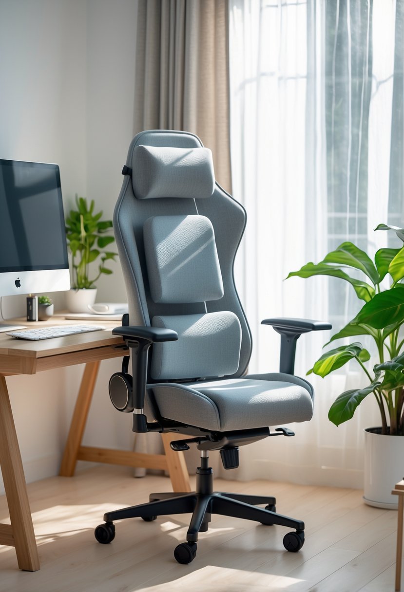 A home office with an ergonomic chair with memory foam cushions at a wooden desk, a computer monitor, a plant, and natural light coming through a window.