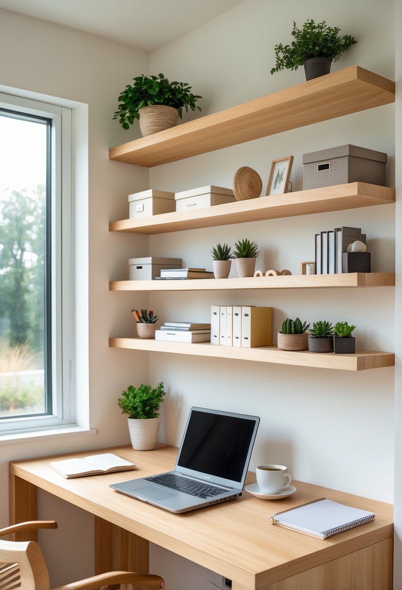A bright home office with floating wooden shelves holding books, plants, and storage boxes above a wooden desk with a laptop and coffee cup.