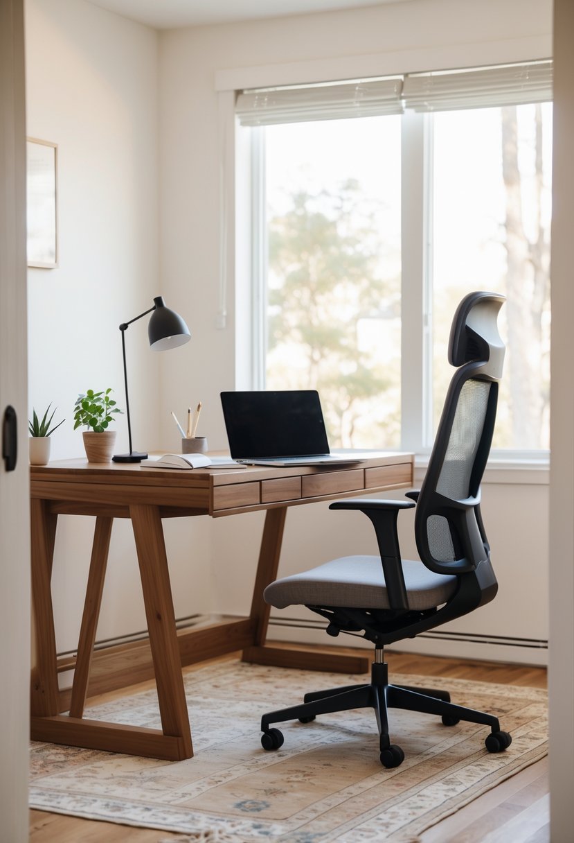A home office with a wooden desk, laptop, ergonomic chair, and a subtle patterned rug underneath the desk.