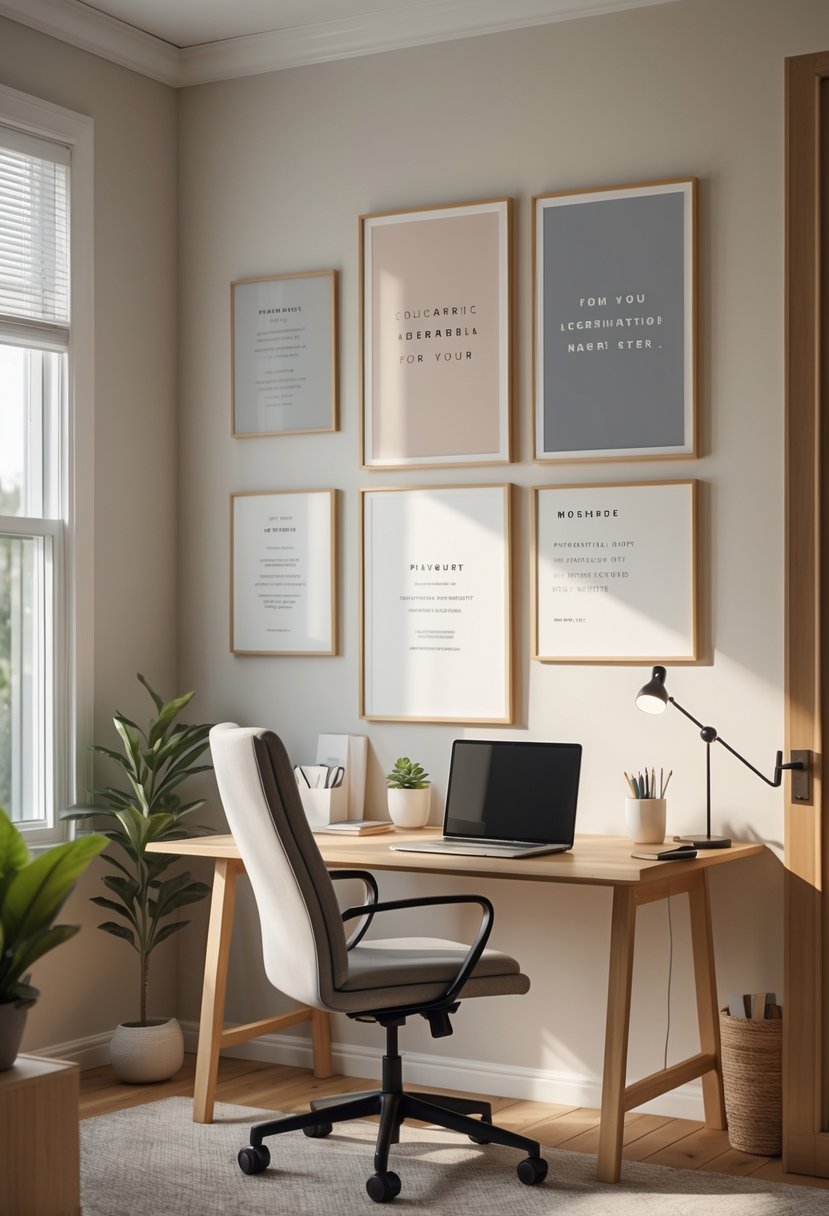 A cozy home office with a wooden desk, laptop, ergonomic chair, and inspirational art prints in muted colors on the wall.