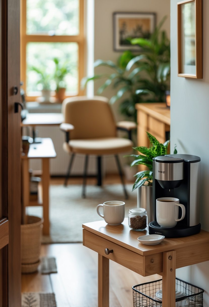 A small coffee station with a coffee maker, mugs, and coffee supplies next to a cozy home office with a desk, chair, plants, and natural light.