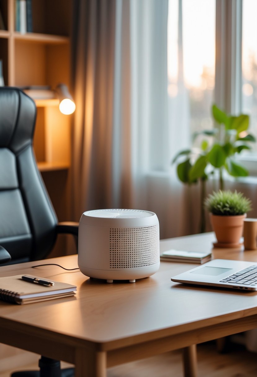 A cosy home office with a white noise machine on a wooden desk, a laptop, a notebook, a plant, and warm natural light coming through a window.