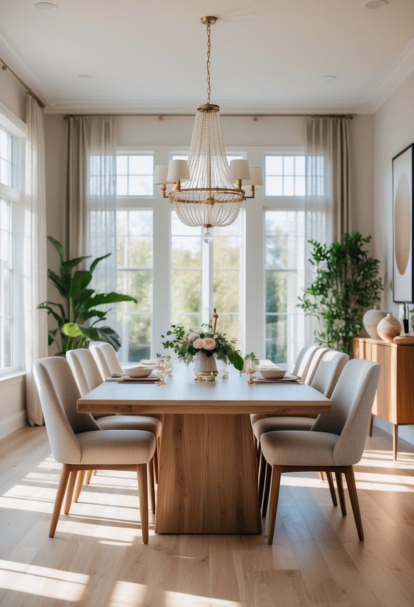 A dining room with a large wooden table, chairs, a chandelier, windows with curtains, and decorative plants.