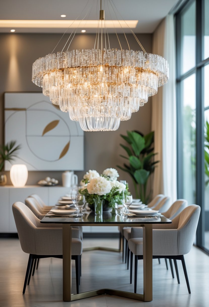 A dining room with a large decorative chandelier above a dining table set for a meal.