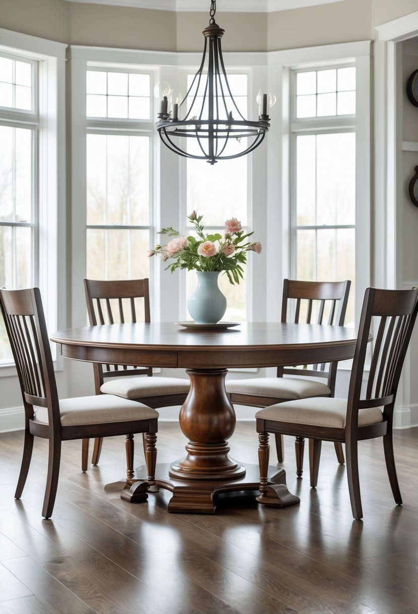 A round wooden dining table with a central pedestal base surrounded by chairs in a bright dining room with large windows and a chandelier.