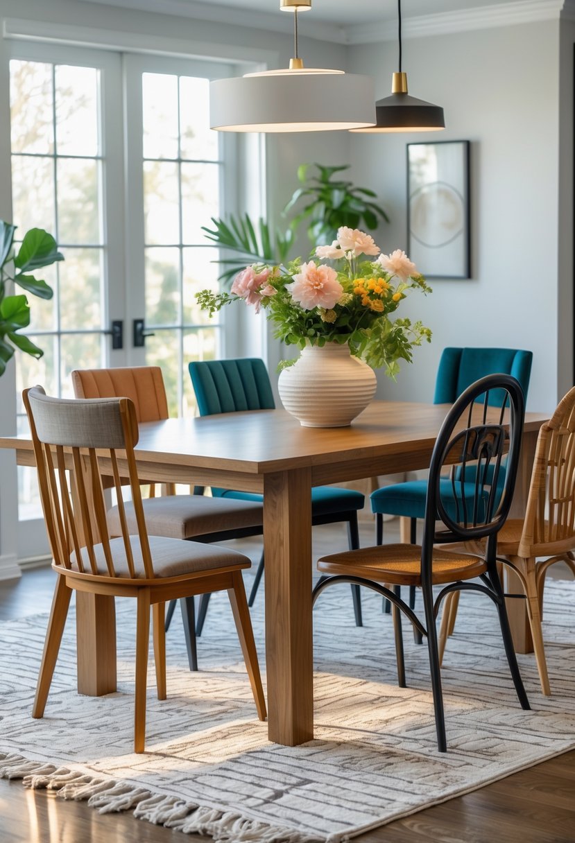 Dining room with a wooden table surrounded by different styles and colors of dining chairs, illuminated by natural light from large windows.