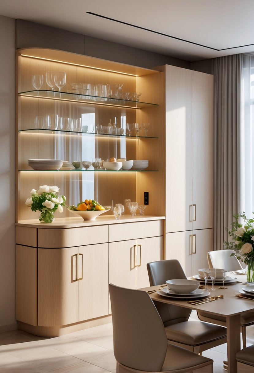 Dining room with a built-in buffet cabinet displaying dishes and glassware, and a dining table set for a meal.