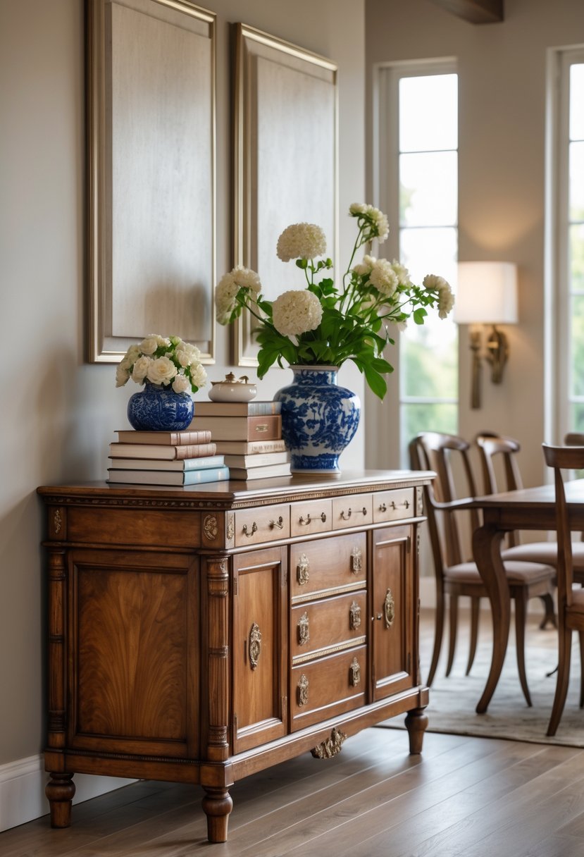 Dining room with a wooden vintage sideboard decorated with flowers, books, and a lamp, next to a wooden dining table and chairs near large windows.