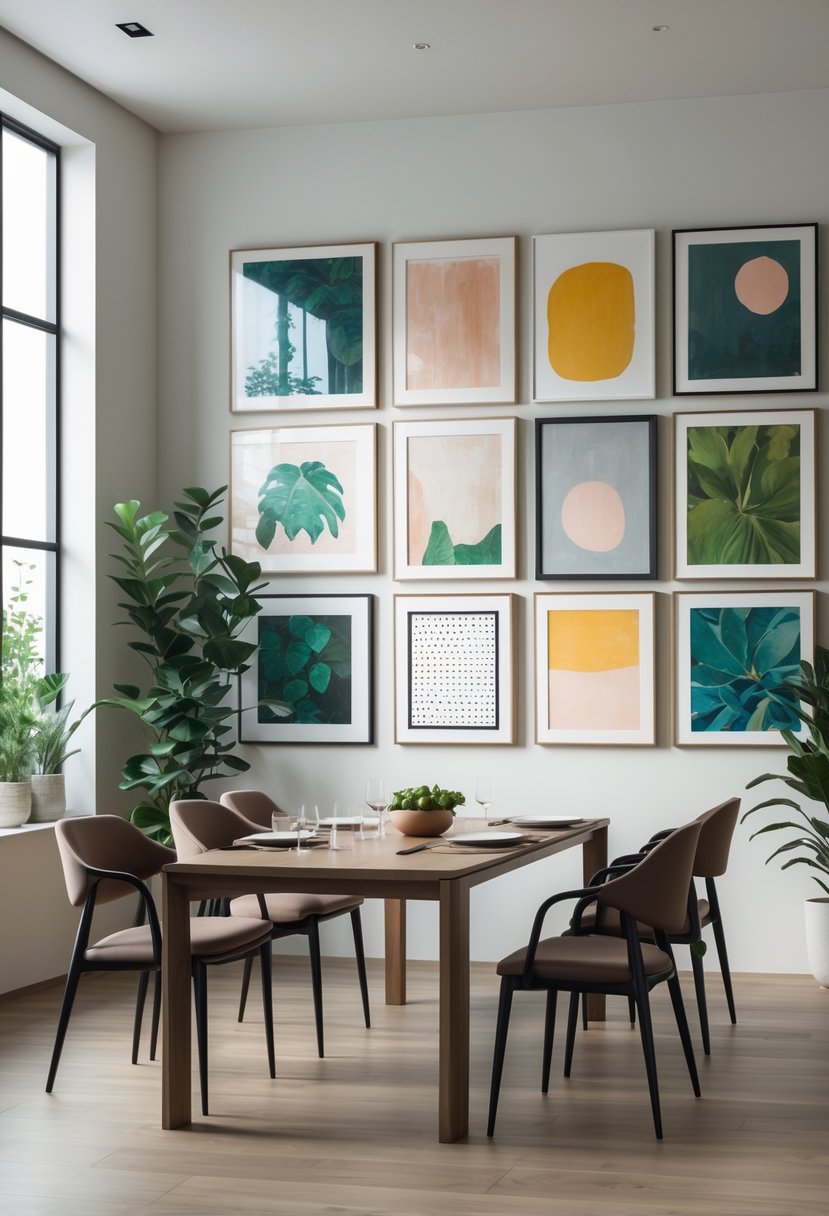 Dining room with a wooden table and chairs, featuring a wall decorated with multiple framed artworks.