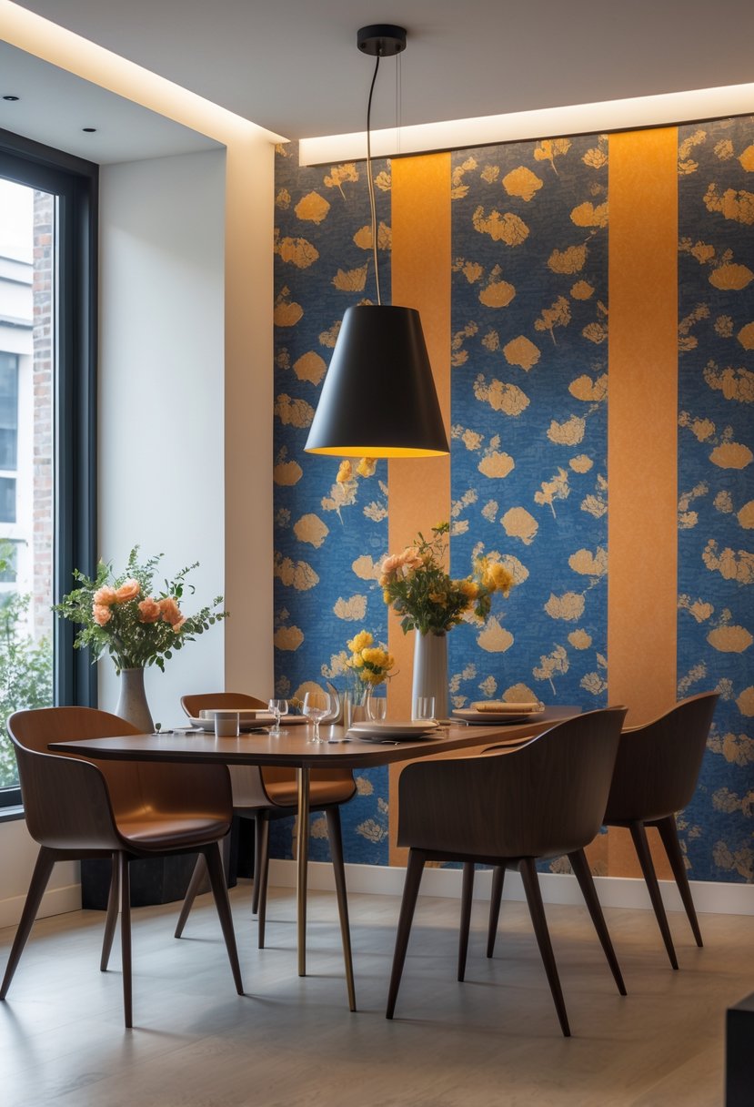 Dining room with a bold patterned wallpaper accent wall, wooden table, chairs, and natural light from large windows.