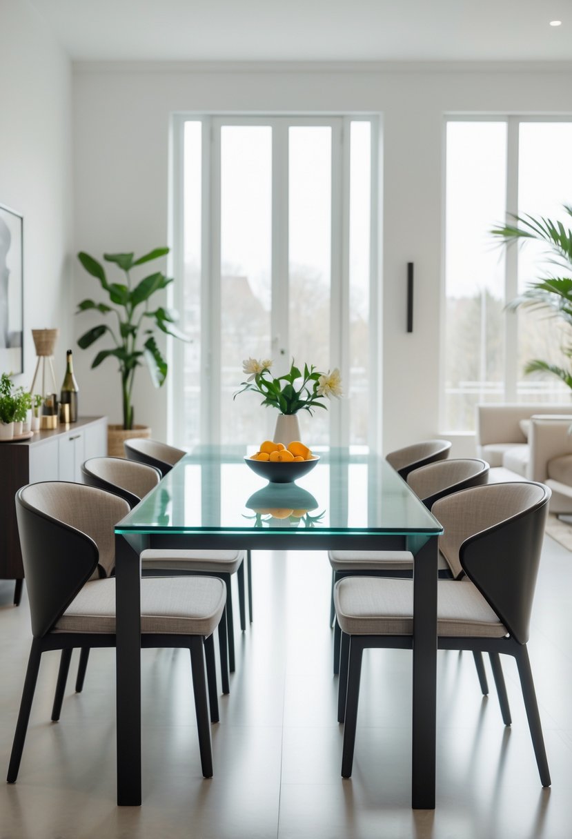 A glass-top dining table surrounded by chairs in a bright dining room with natural light.