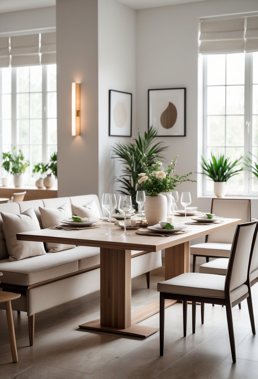 Dining room with a wooden table and bench seating on one side, chairs on the other, set with tableware and natural light coming through large windows.