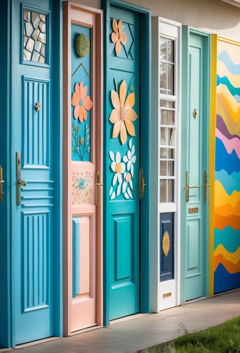 Seven colorful doors with different painted designs arranged side by side outdoors.