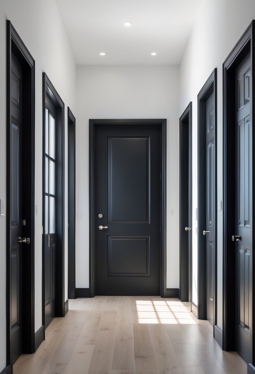 Seven interior doors painted in matte black finish arranged side by side in a bright hallway.
