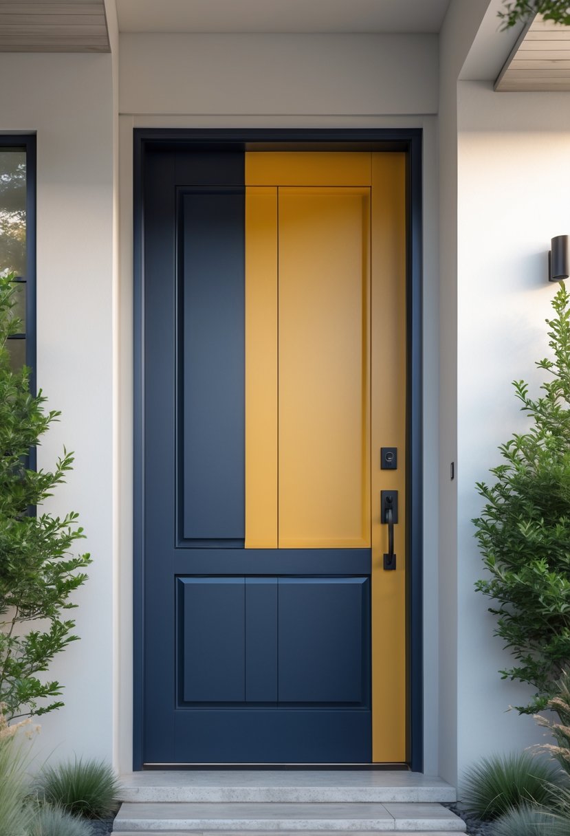 A modern front door painted in two distinct colors with a clean dividing line, set in a contemporary home exterior with greenery and a stone pathway.