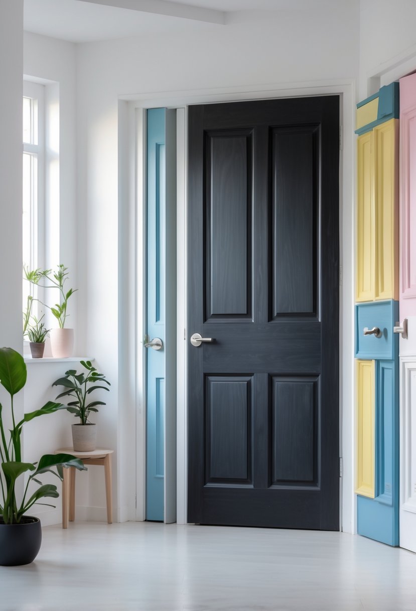A room with seven doors, one painted with black chalkboard paint and the others featuring various colorful and creative painting styles.