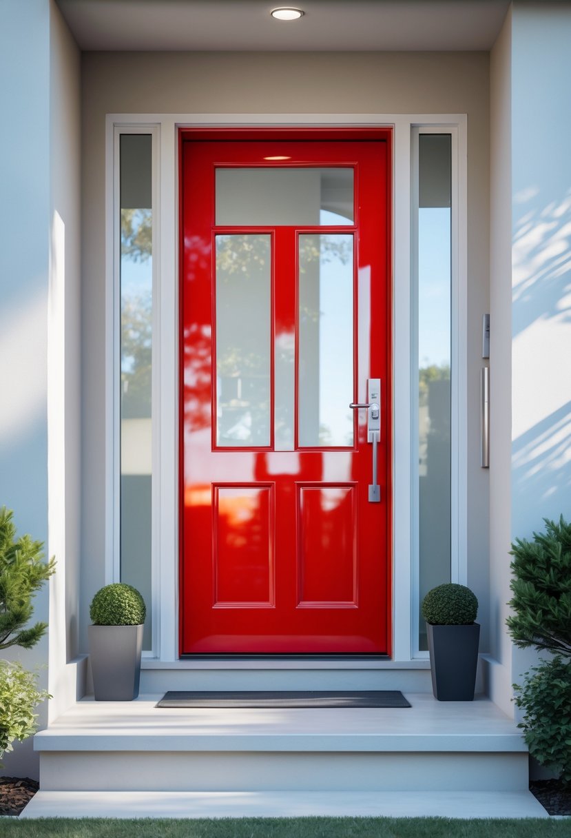 A modern house entrance with a glossy red front door and neutral walls, featuring a small potted plant nearby.