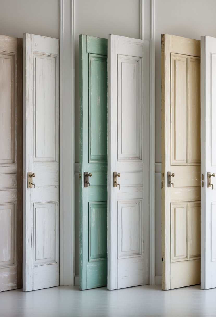 Seven white doors with different painted designs arranged side by side in a bright, simple setting.