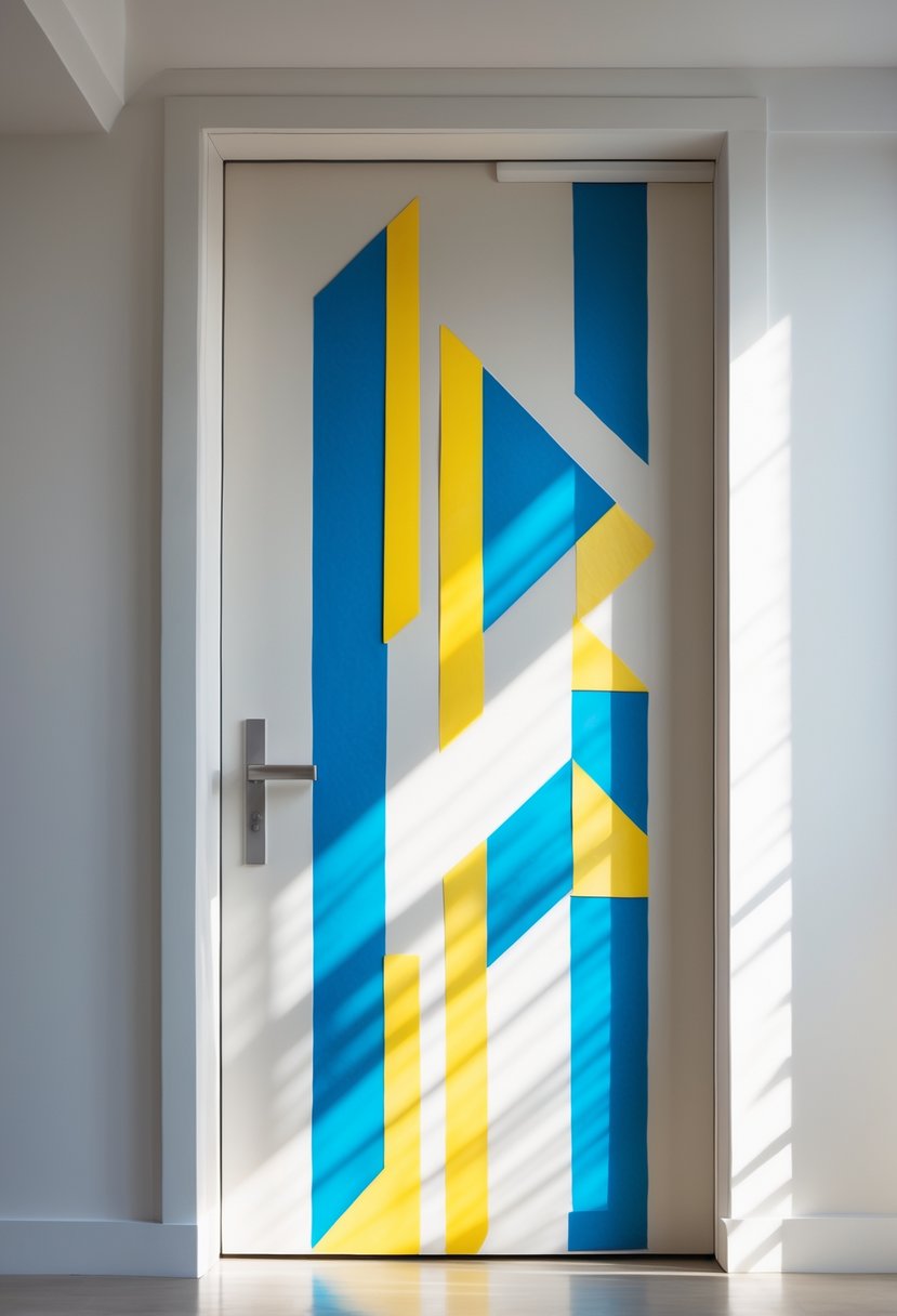 A door decorated with colorful geometric patterns made from painter's tape in a simple room.