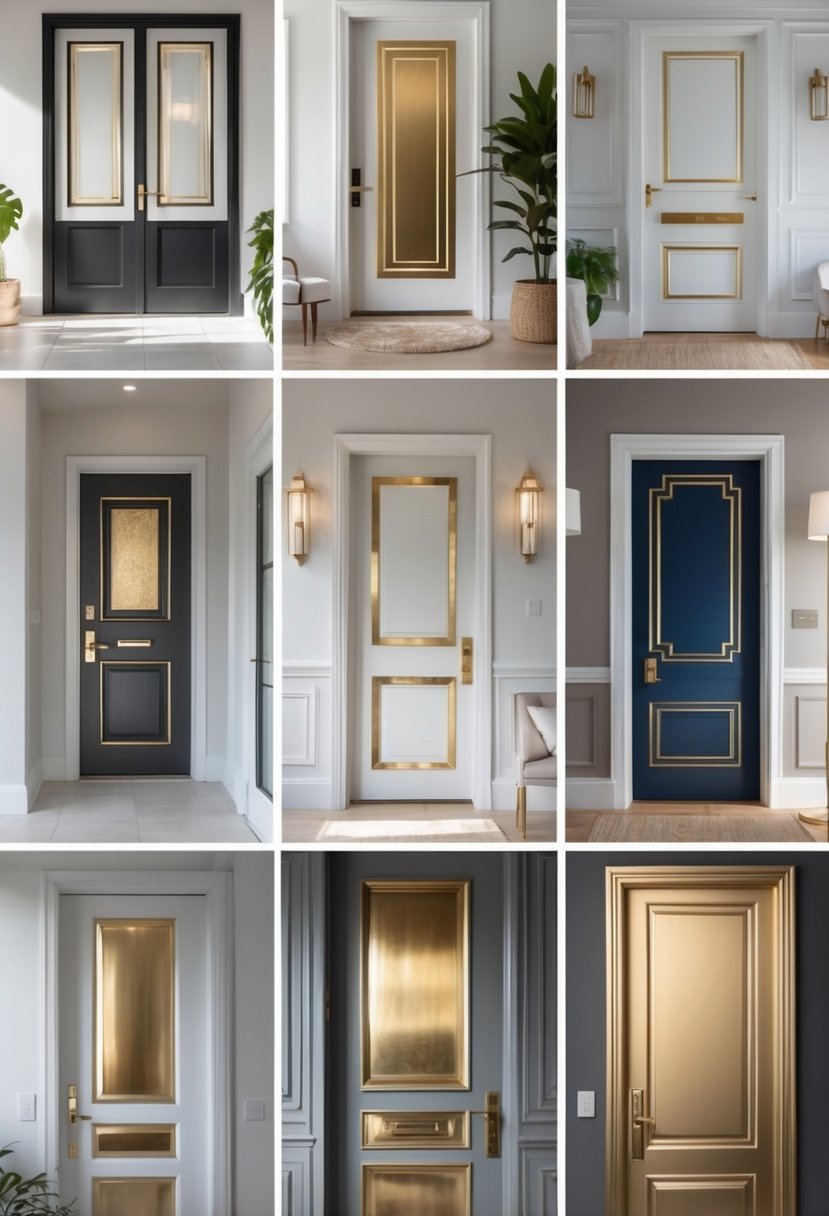 Seven different doors painted with metallic gold highlights displayed in a bright, modern setting.