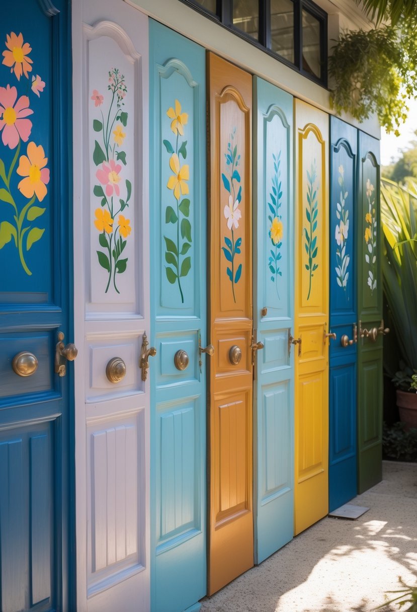 Seven colorful doors decorated with floral patterns painted on them, arranged outdoors with greenery in the background.
