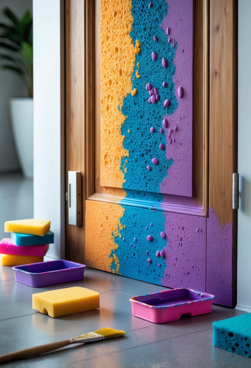 A close-up of a wooden door being painted with colorful textured patterns using sponges, with painting supplies nearby.