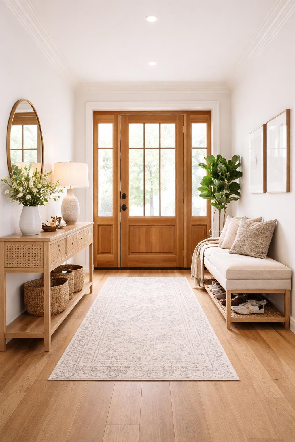 A bright and inviting entryway with a wooden door, a console table with flowers, a cushioned bench, a rug, wall art, and indoor plants.