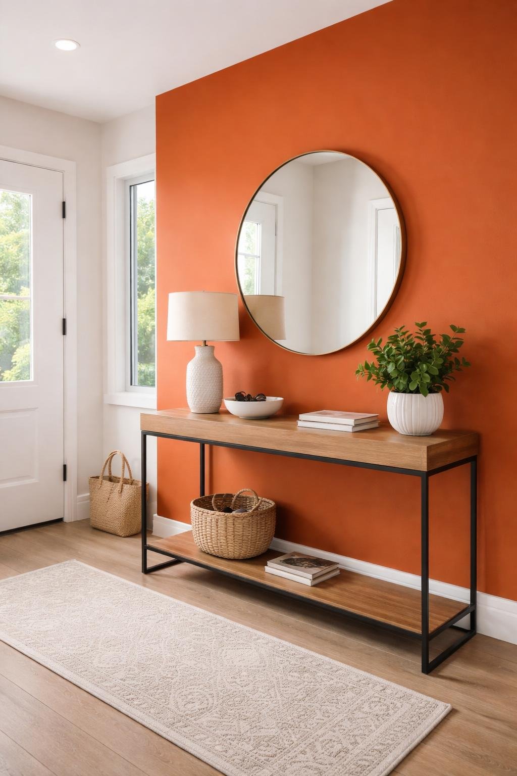 An entryway with a bold colored accent wall, a wooden console table with plants and decor, and natural light coming through a window.