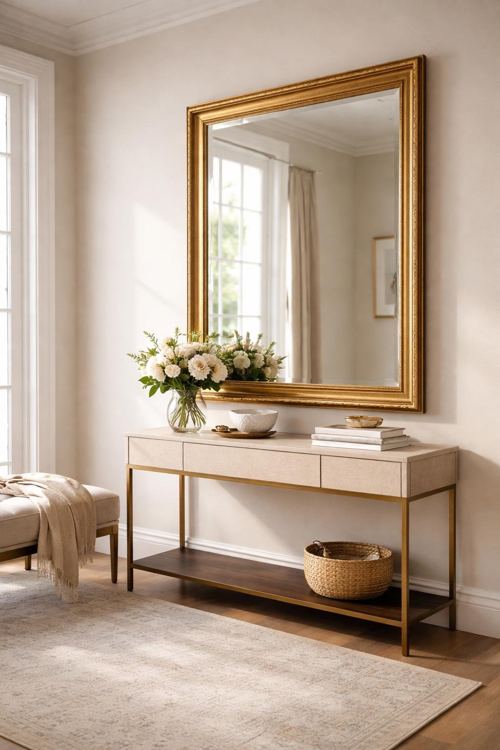 Entryway with an oversized gold-framed mirror above a console table decorated with flowers and books.
