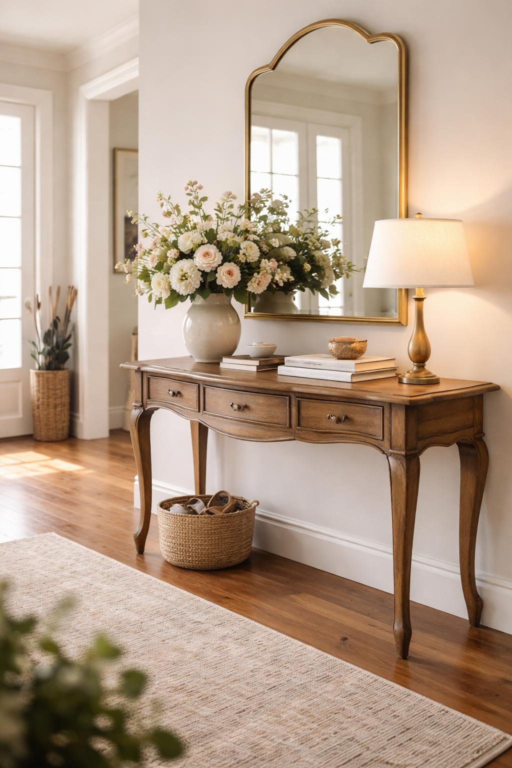 An entryway with a vintage console table holding a vase of flowers, books, and a table lamp, with a mirror above and natural light coming through a window.