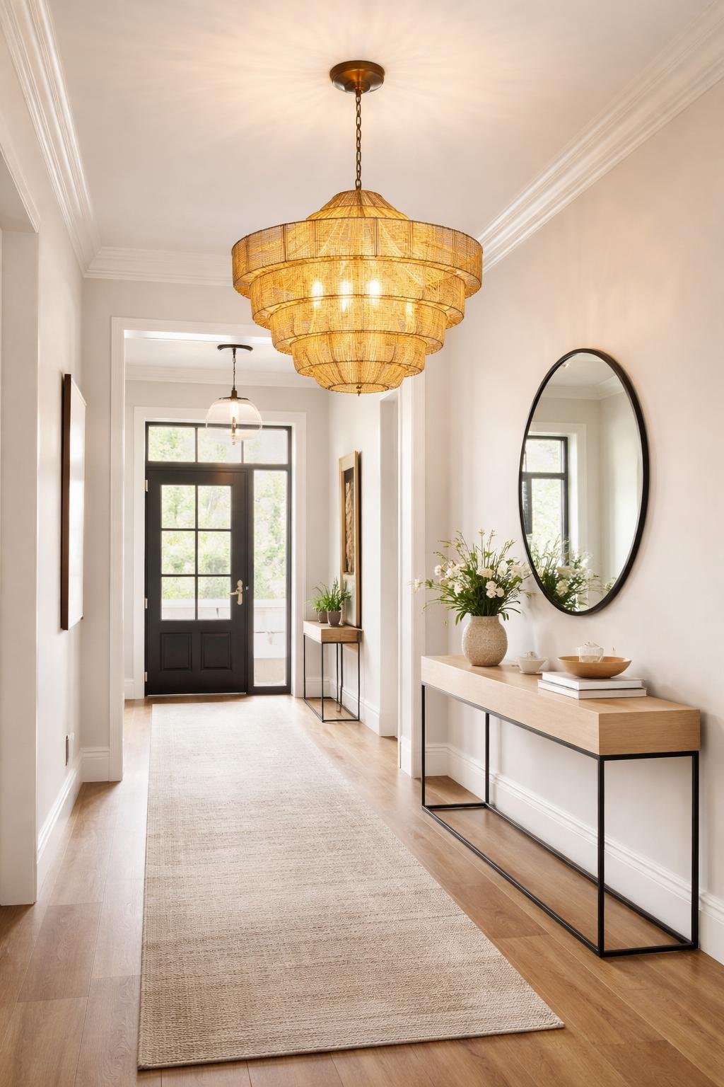 A well-lit entryway with a statement pendant light hanging above a console table decorated with flowers and books.